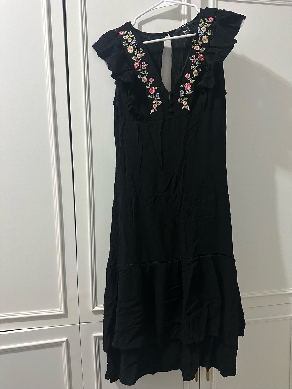 Forever 21 Black Midi Dress with Multicolor Floral Embroidery